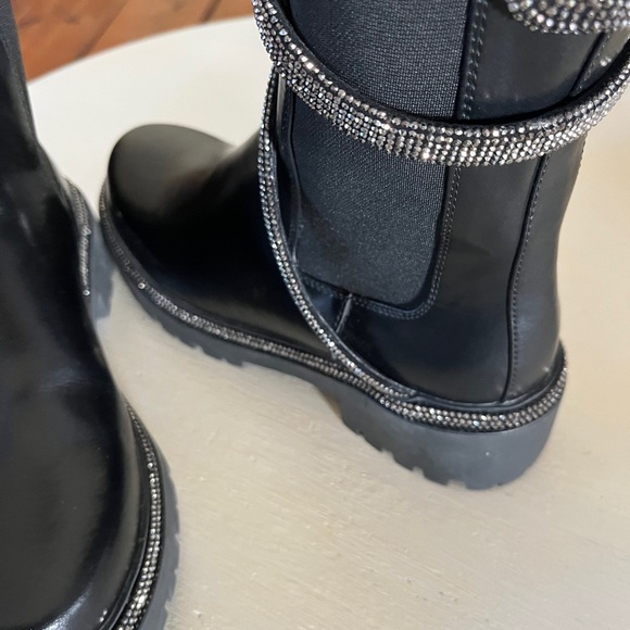 Sparkly Black Crystal Wrap Chunky Chelsea Rhinestone Embellished Women's Boots - Picture 7 of 13